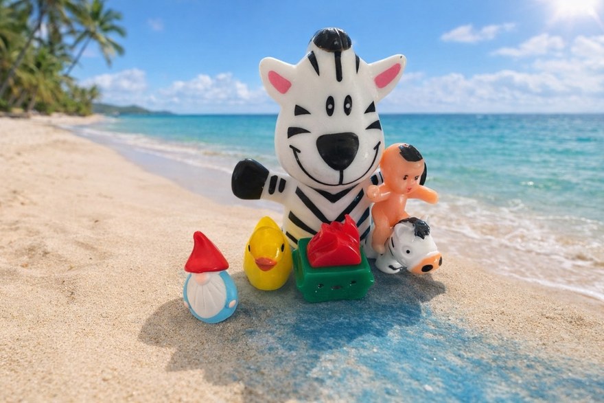 Frank's beach crew — gnome, duck, baby, mini horse, and a smiling zebra
